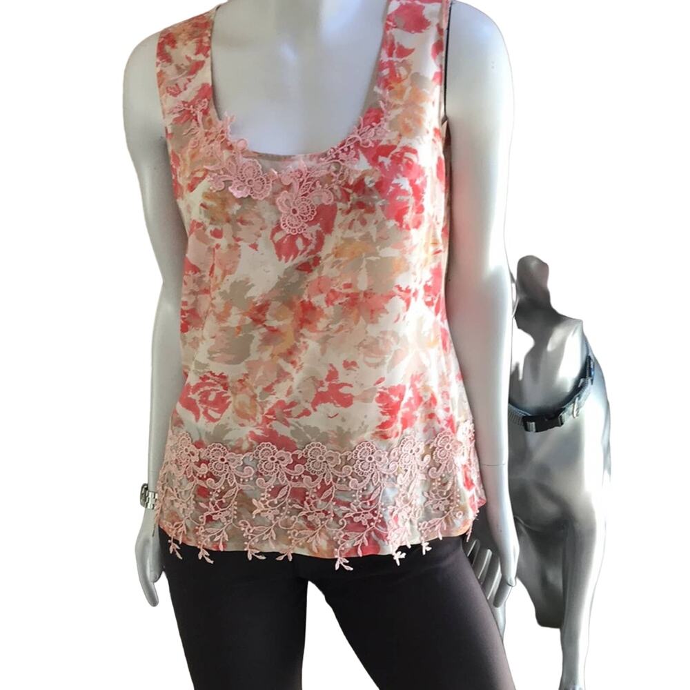 Halogen Floral Silk Applique Cream Pink Tank Women's Size Medium